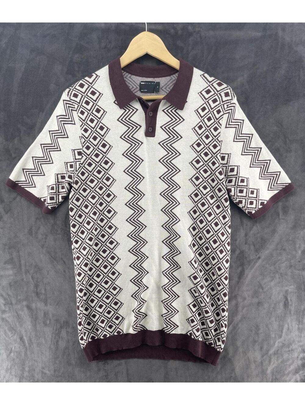 ASOS Design Men’s Knit Polo Shirt XL Geometric Zig Zag Pattern Short Sleeve